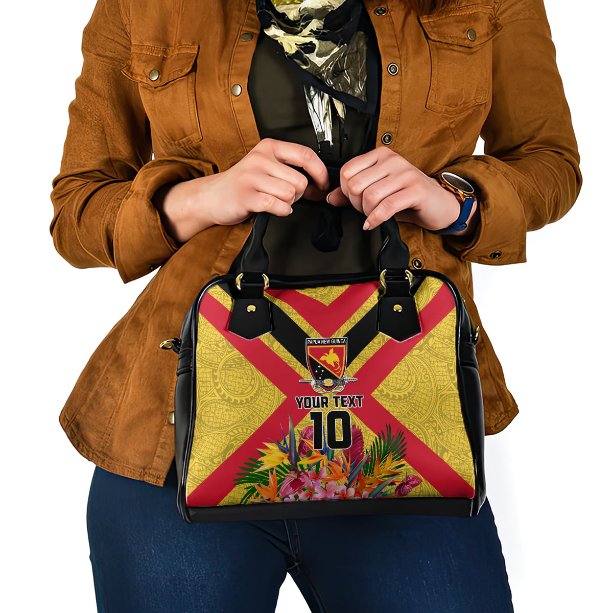 Custom Papua New Guinea Rugby Shoulder Handbag Bird of Paradise and Hibiscus Polynesian Pattern Yellow Color