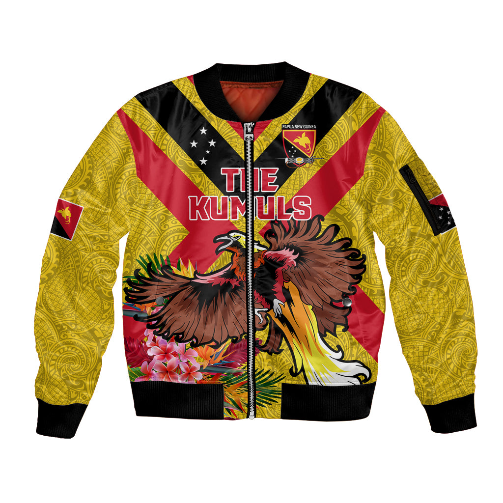Custom Papua New Guinea Rugby Sleeve Zip Bomber Jacket Bird of Paradise and Hibiscus Polynesian Pattern Yellow Color LT03