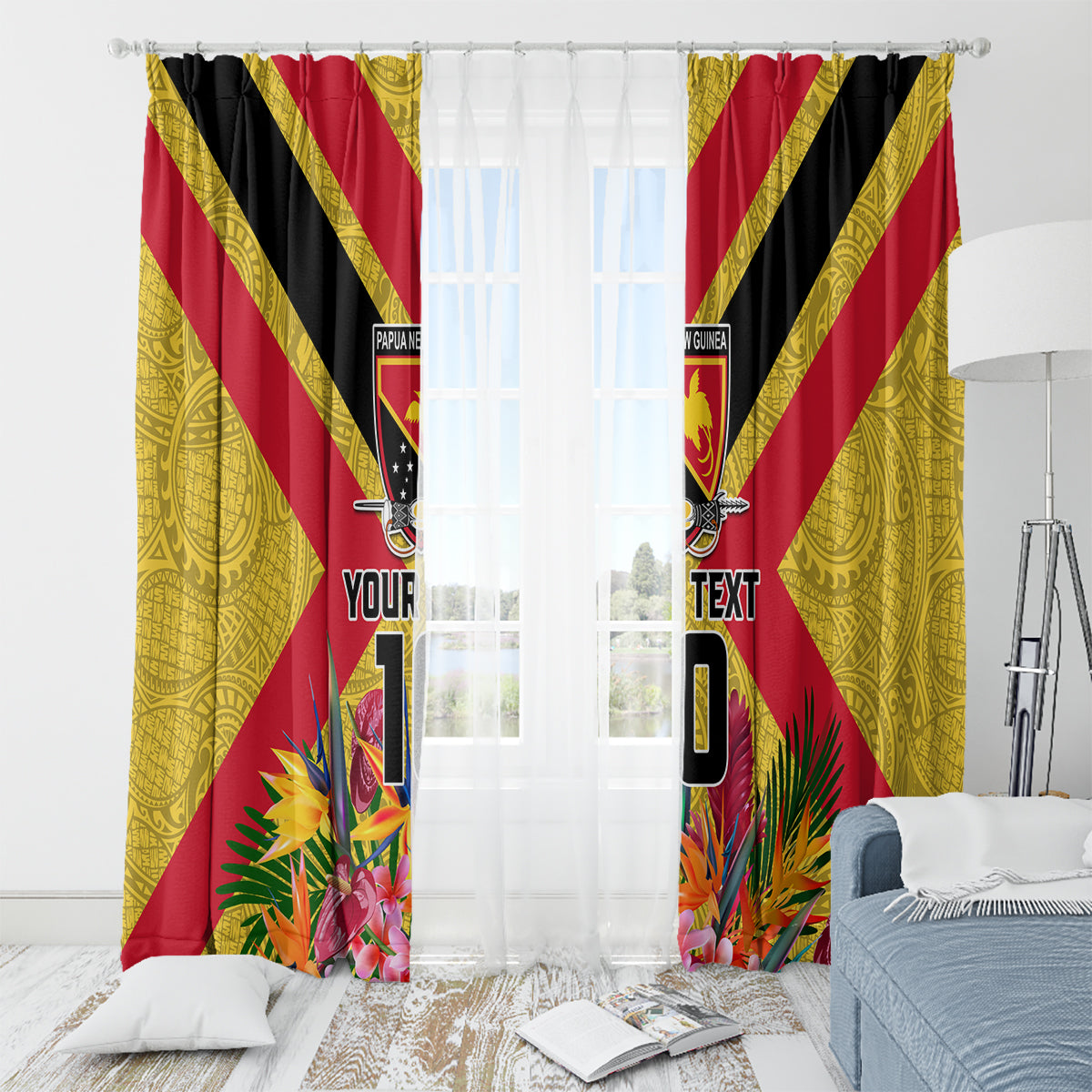 Custom Papua New Guinea Rugby Window Curtain Bird of Paradise and Hibiscus Polynesian Pattern Yellow Color
