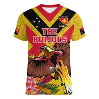 Custom Papua New Guinea Rugby Women V Neck T Shirt Bird of Paradise and Hibiscus Polynesian Pattern Yellow Color LT03