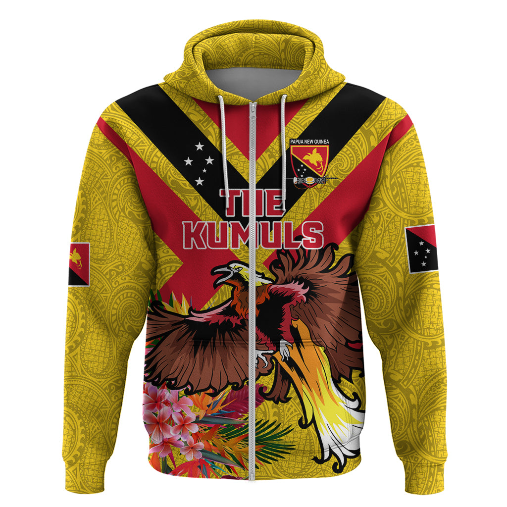 Custom Papua New Guinea Rugby Zip Hoodie Bird of Paradise and Hibiscus Polynesian Pattern Yellow Color LT03