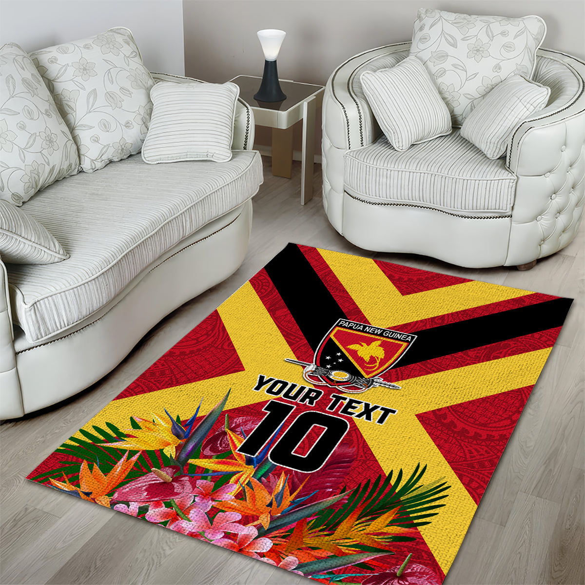 Custom Papua New Guinea Rugby Area Rug Bird of Paradise and Hibiscus Polynesian Pattern Red Color