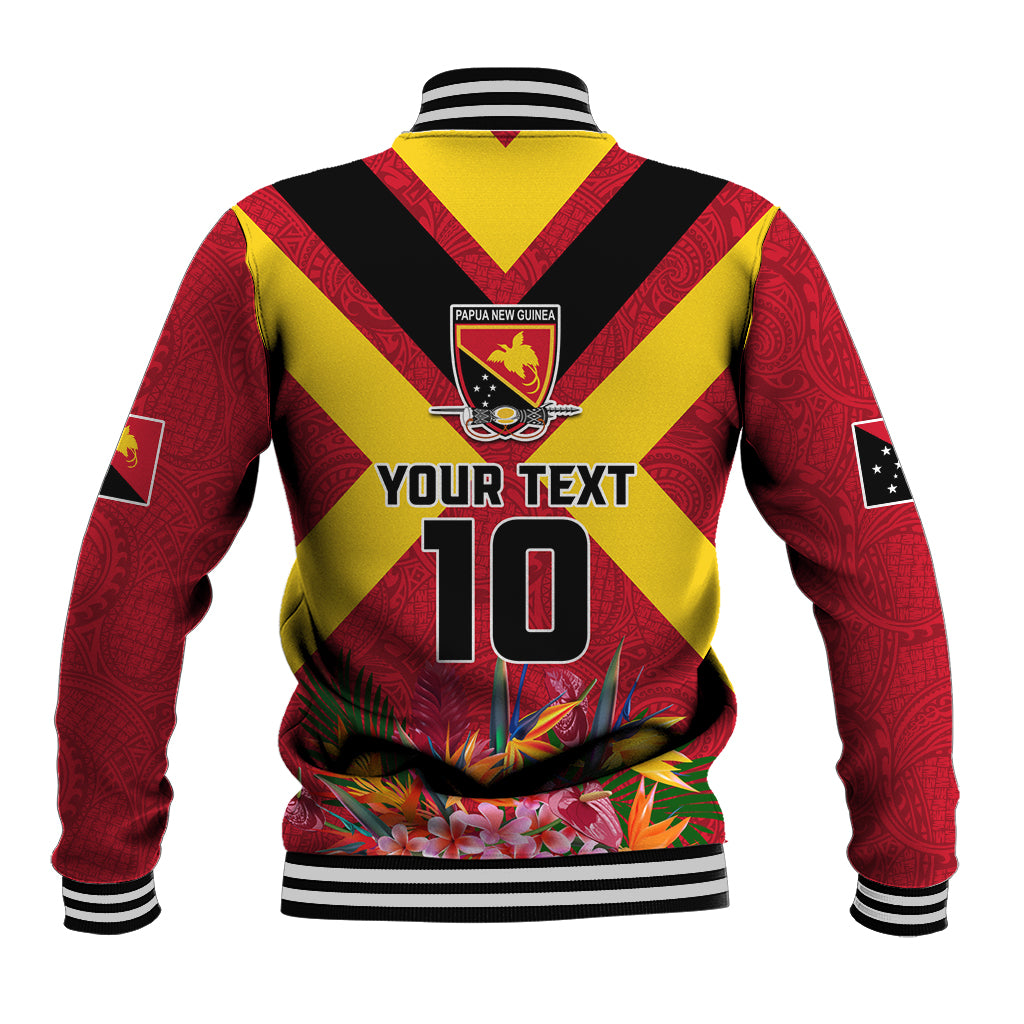 Custom Papua New Guinea Rugby Baseball Jacket Bird of Paradise and Hibiscus Polynesian Pattern Red Color LT03