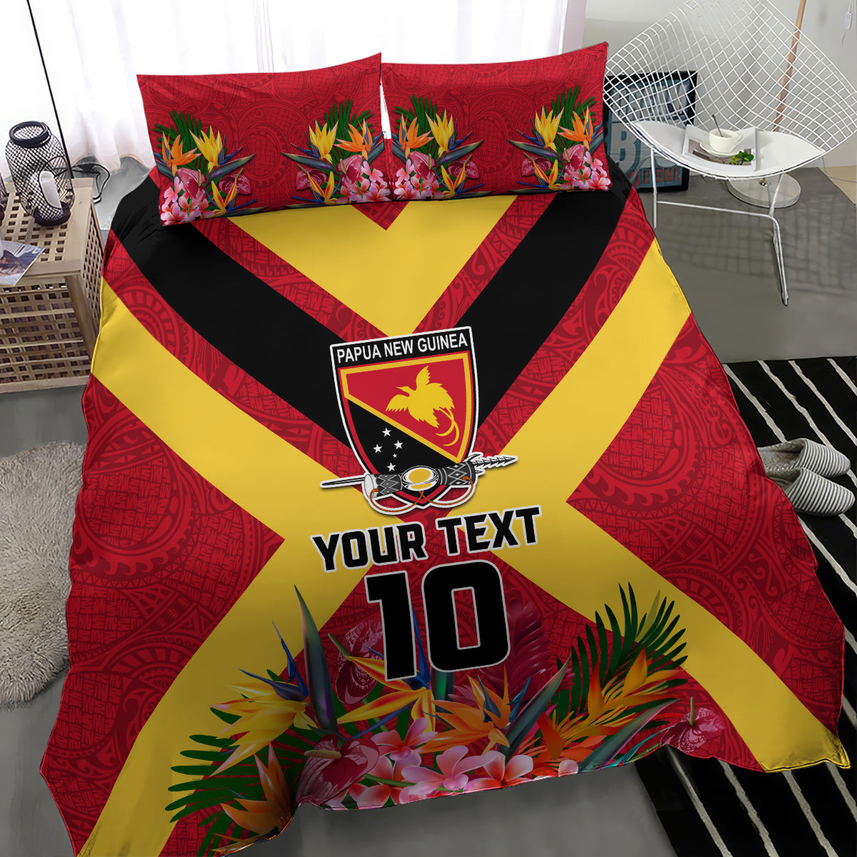 Custom Papua New Guinea Rugby Bedding Set Bird of Paradise and Hibiscus Polynesian Pattern Red Color