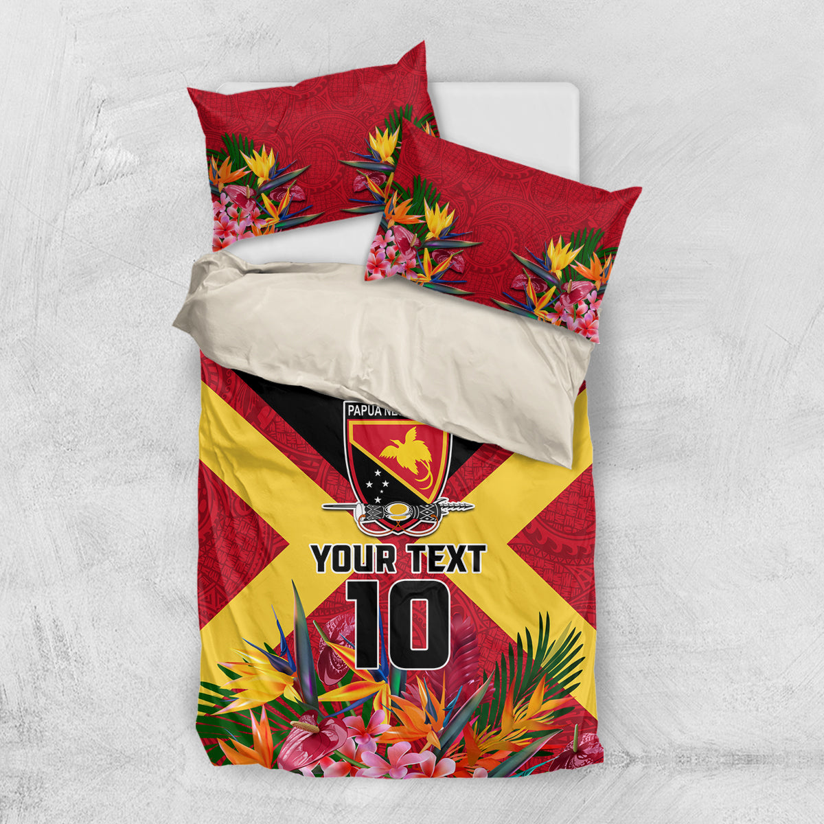 Custom Papua New Guinea Rugby Bedding Set Bird of Paradise and Hibiscus Polynesian Pattern Red Color