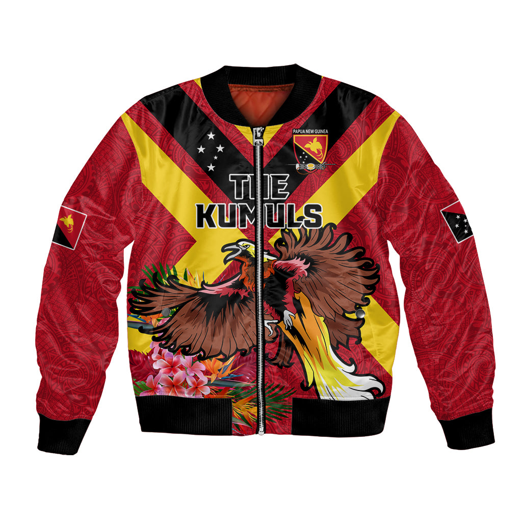Custom Papua New Guinea Rugby Bomber Jacket Bird of Paradise and Hibiscus Polynesian Pattern Red Color LT03