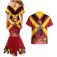 Custom Papua New Guinea Rugby Couples Matching Mermaid Dress and Hawaiian Shirt Bird of Paradise and Hibiscus Polynesian Pattern Red Color LT03