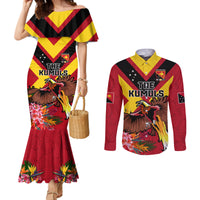 Custom Papua New Guinea Rugby Couples Matching Mermaid Dress and Long Sleeve Button Shirt Bird of Paradise and Hibiscus Polynesian Pattern Red Color LT03