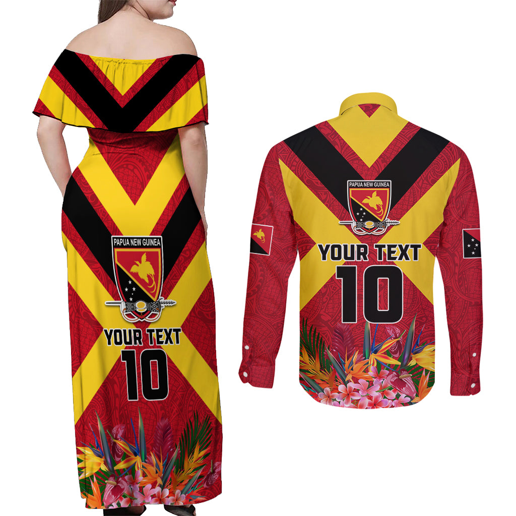 Custom Papua New Guinea Rugby Couples Matching Off Shoulder Maxi Dress and Long Sleeve Button Shirt Bird of Paradise and Hibiscus Polynesian Pattern Red Color LT03