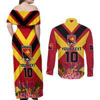 Custom Papua New Guinea Rugby Couples Matching Off Shoulder Maxi Dress and Long Sleeve Button Shirt Bird of Paradise and Hibiscus Polynesian Pattern Red Color LT03
