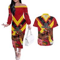 Custom Papua New Guinea Rugby Couples Matching Off The Shoulder Long Sleeve Dress and Hawaiian Shirt Bird of Paradise and Hibiscus Polynesian Pattern Red Color LT03