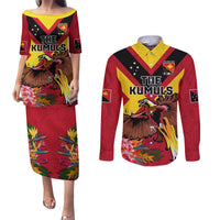 Custom Papua New Guinea Rugby Couples Matching Puletasi and Long Sleeve Button Shirt Bird of Paradise and Hibiscus Polynesian Pattern Red Color LT03