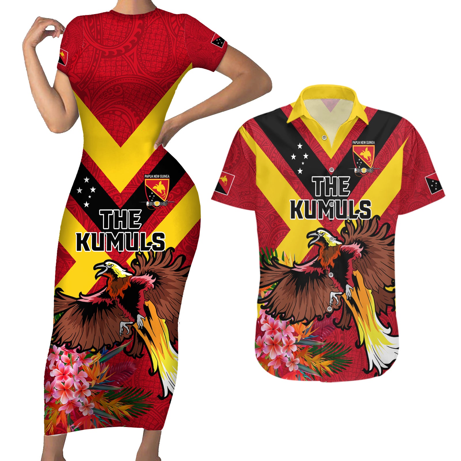 Custom Papua New Guinea Rugby Couples Matching Short Sleeve Bodycon Dress and Hawaiian Shirt Bird of Paradise and Hibiscus Polynesian Pattern Red Color LT03