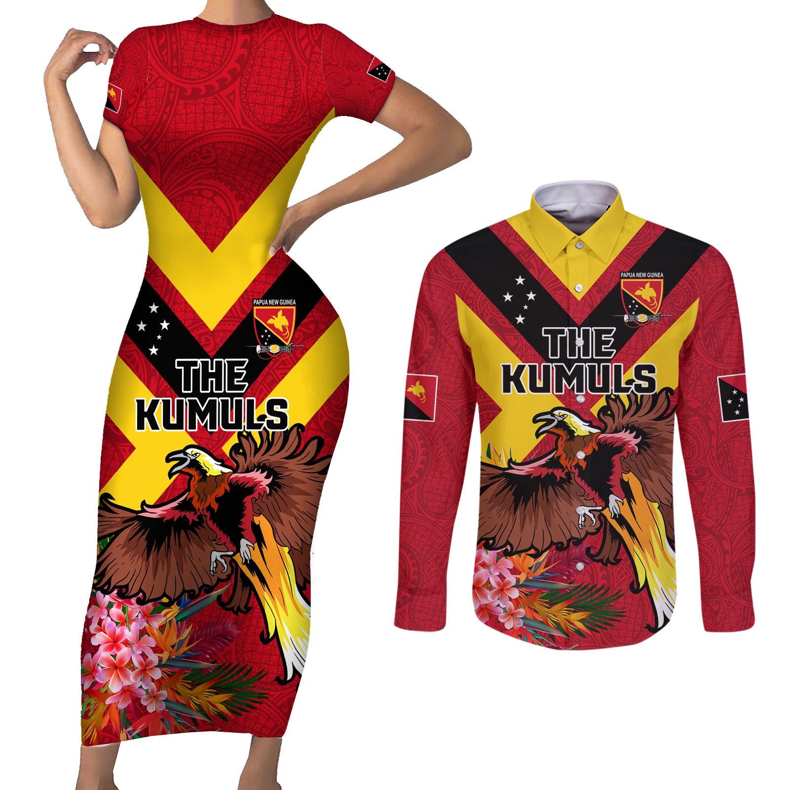 Custom Papua New Guinea Rugby Couples Matching Short Sleeve Bodycon Dress and Long Sleeve Button Shirt Bird of Paradise and Hibiscus Polynesian Pattern Red Color LT03