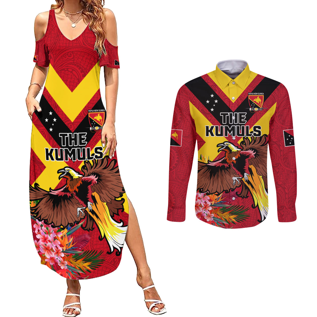 Custom Papua New Guinea Rugby Couples Matching Summer Maxi Dress and Long Sleeve Button Shirt Bird of Paradise and Hibiscus Polynesian Pattern Red Color LT03