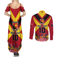 Custom Papua New Guinea Rugby Couples Matching Summer Maxi Dress and Long Sleeve Button Shirt Bird of Paradise and Hibiscus Polynesian Pattern Red Color LT03