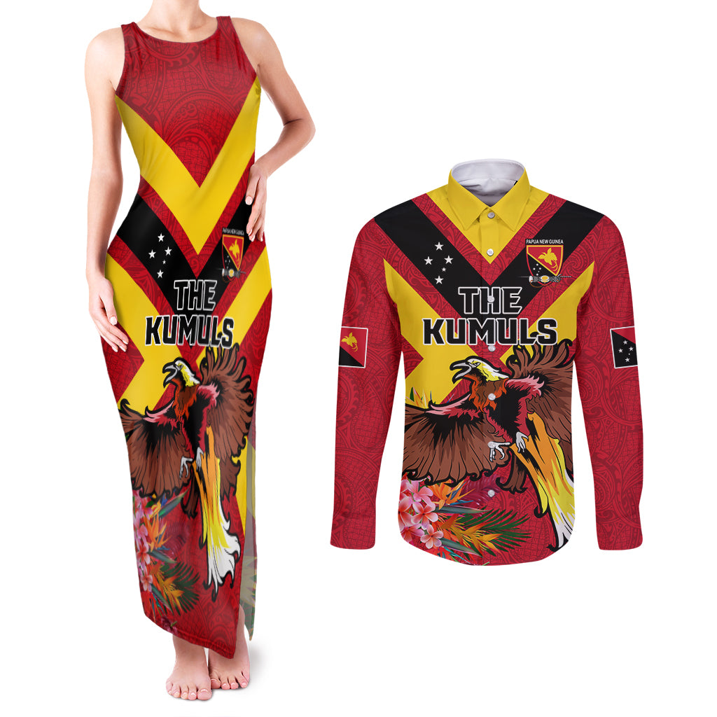 Custom Papua New Guinea Rugby Couples Matching Tank Maxi Dress and Long Sleeve Button Shirt Bird of Paradise and Hibiscus Polynesian Pattern Red Color LT03