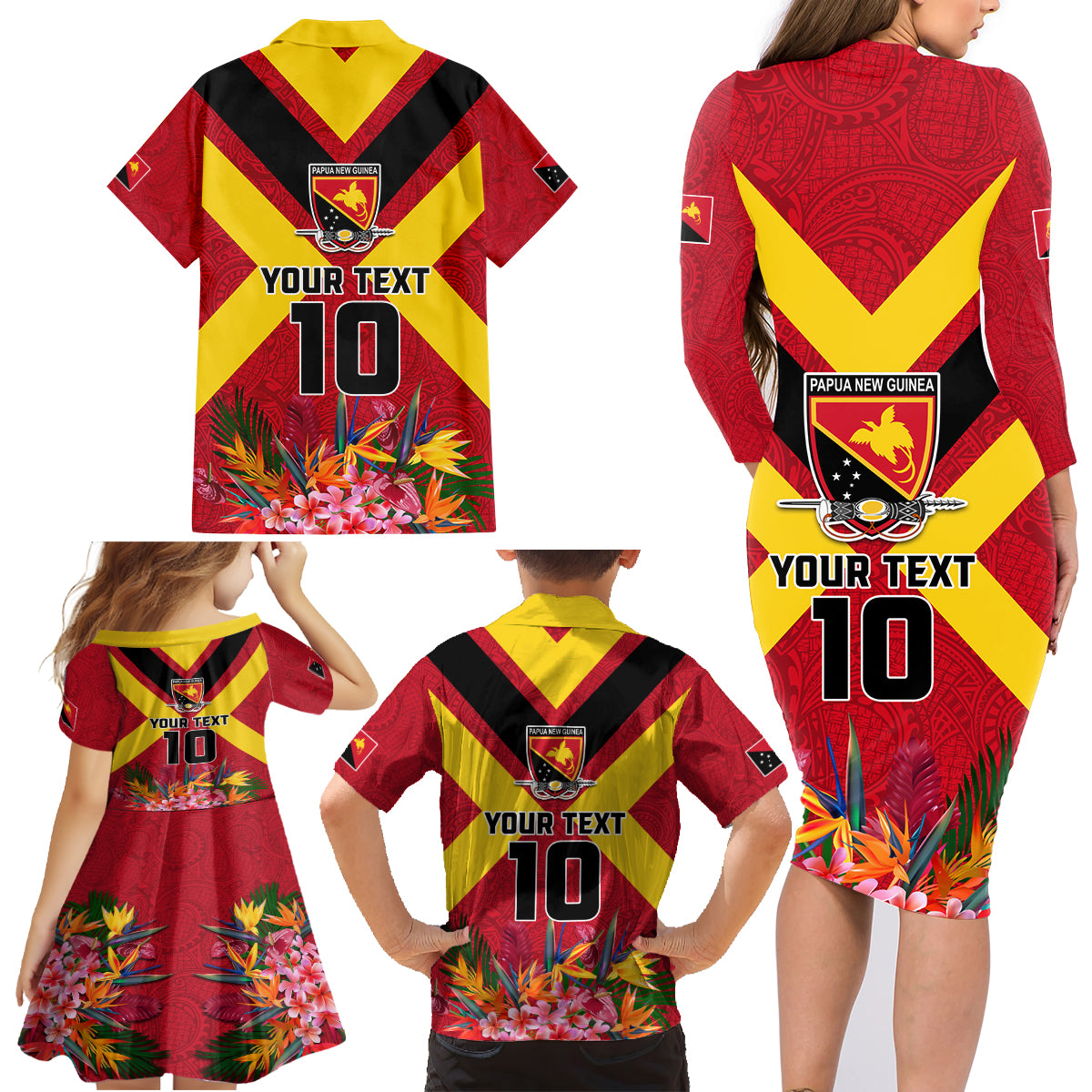 Custom Papua New Guinea Rugby Family Matching Long Sleeve Bodycon Dress and Hawaiian Shirt Bird of Paradise and Hibiscus Polynesian Pattern Red Color LT03 - Polynesian Pride