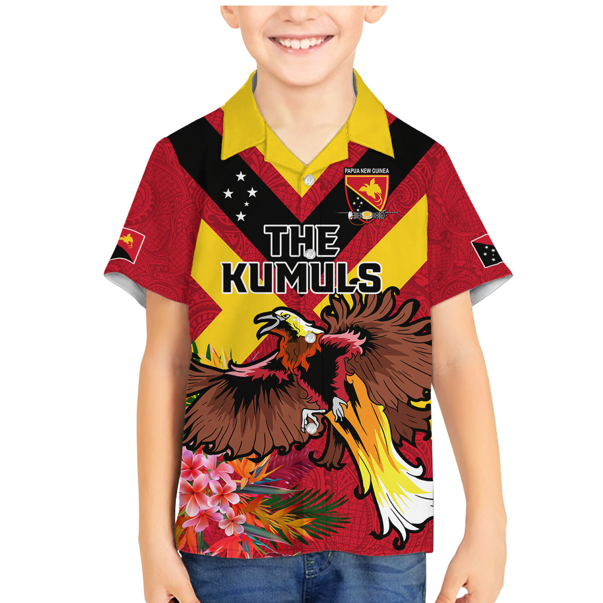 Custom Papua New Guinea Rugby Family Matching Mermaid Dress and Hawaiian Shirt Bird of Paradise and Hibiscus Polynesian Pattern Red Color LT03 Son's Shirt Red - Polynesian Pride