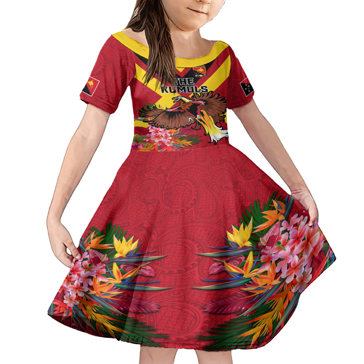 Custom Papua New Guinea Rugby Family Matching Puletasi and Hawaiian Shirt Bird of Paradise and Hibiscus Polynesian Pattern Red Color LT03 Daughter's Dress Red - Polynesian Pride