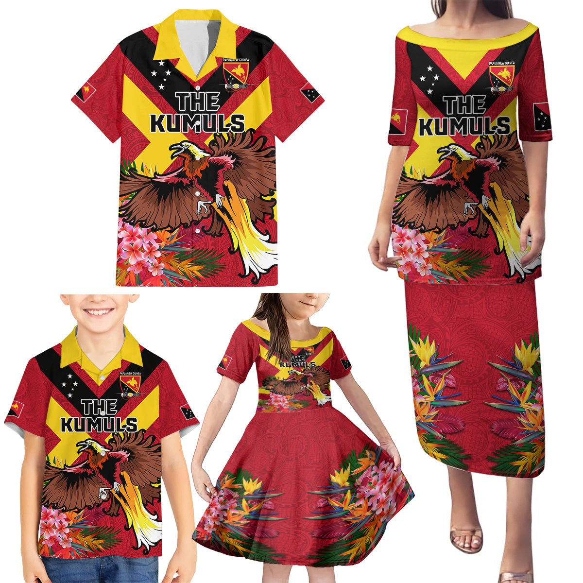 Custom Papua New Guinea Rugby Family Matching Puletasi and Hawaiian Shirt Bird of Paradise and Hibiscus Polynesian Pattern Red Color LT03 - Polynesian Pride