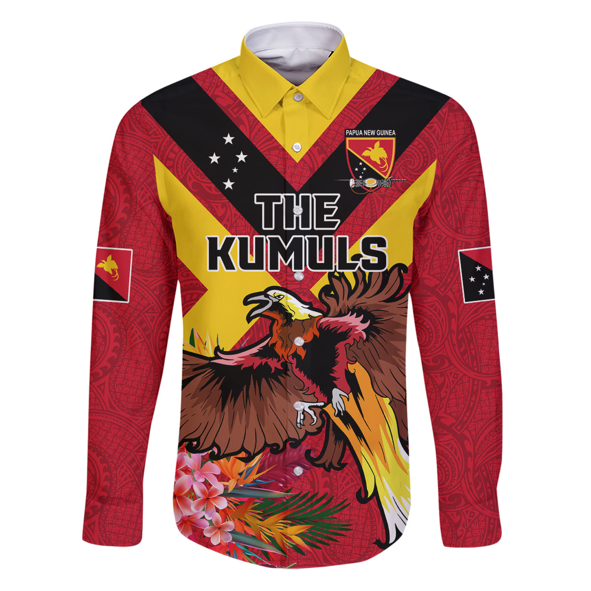 Custom Papua New Guinea Rugby Family Matching Puletasi and Hawaiian Shirt Bird of Paradise and Hibiscus Polynesian Pattern Red Color LT03 Dad's Shirt - Long Sleeve Red - Polynesian Pride