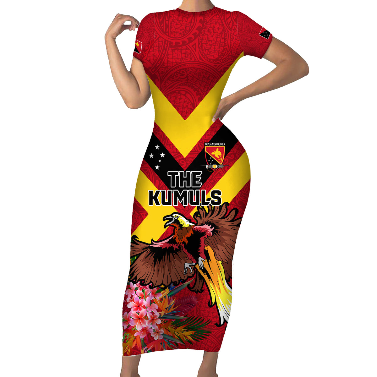 Custom Papua New Guinea Rugby Family Matching Short Sleeve Bodycon Dress and Hawaiian Shirt Bird of Paradise and Hibiscus Polynesian Pattern Red Color LT03 Mom's Dress Red - Polynesian Pride