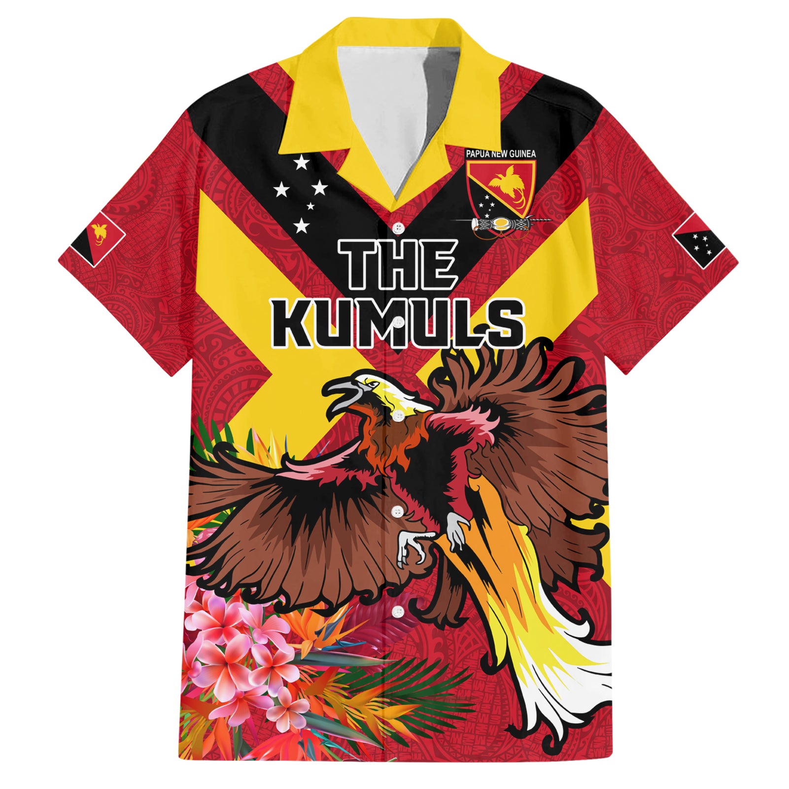 Custom Papua New Guinea Rugby Hawaiian Shirt Bird of Paradise and Hibiscus Polynesian Pattern Red Color LT03