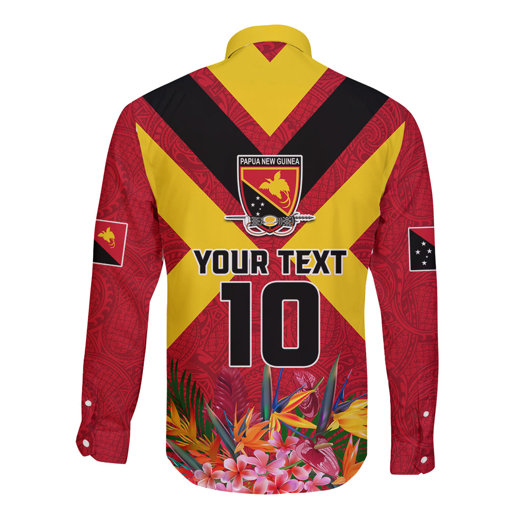 Custom Papua New Guinea Rugby Long Sleeve Button Shirt Bird of Paradise and Hibiscus Polynesian Pattern Red Color LT03