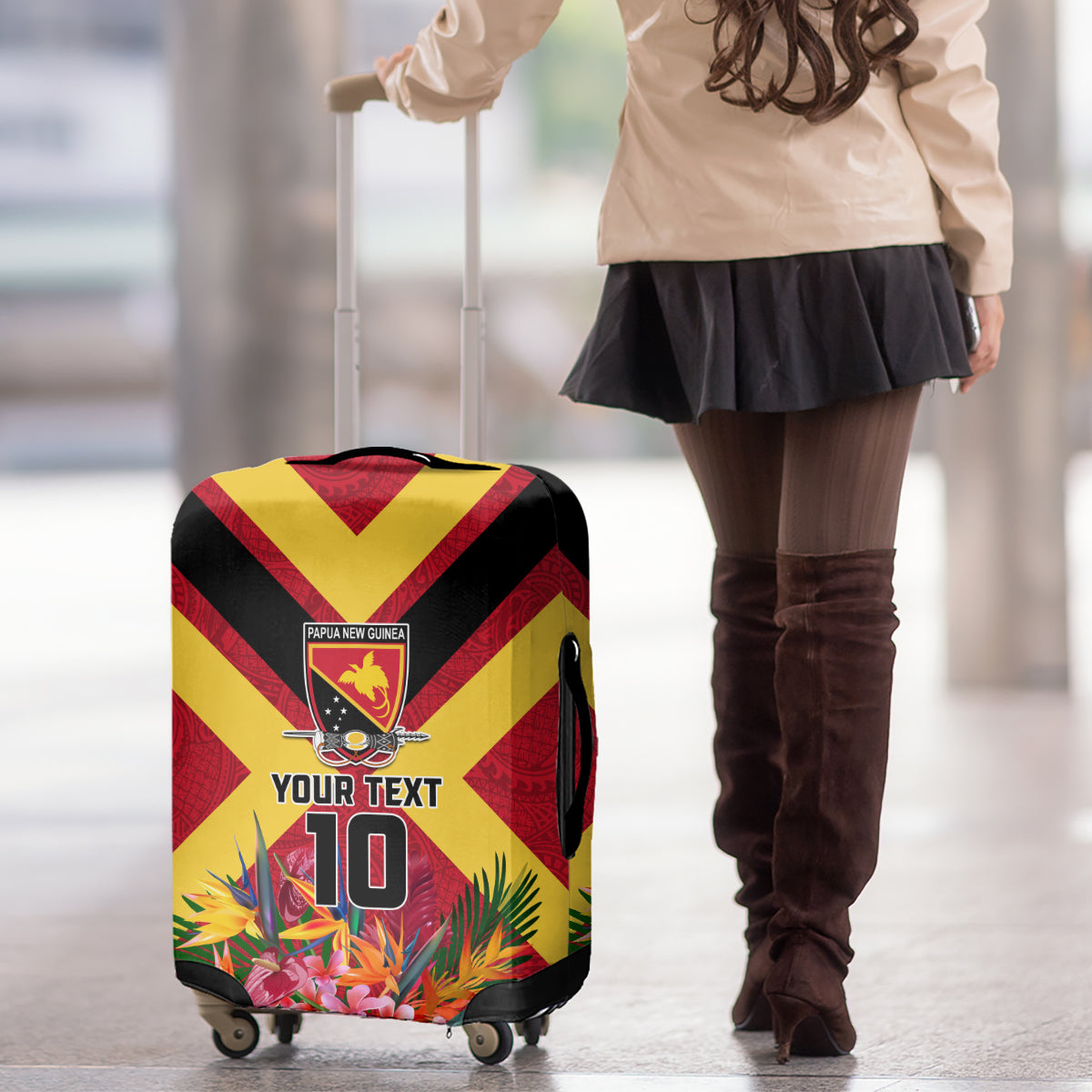 Custom Papua New Guinea Rugby Luggage Cover Bird of Paradise and Hibiscus Polynesian Pattern Red Color