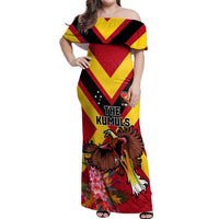 Custom Papua New Guinea Rugby Off Shoulder Maxi Dress Bird of Paradise and Hibiscus Polynesian Pattern Red Color LT03
