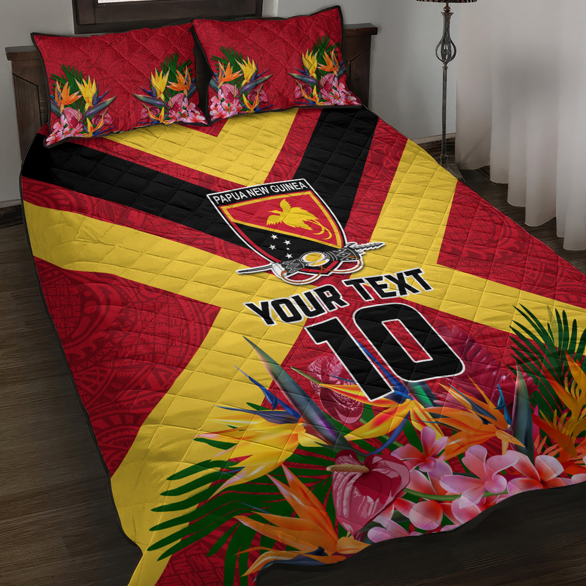Custom Papua New Guinea Rugby Quilt Bed Set Bird of Paradise and Hibiscus Polynesian Pattern Red Color