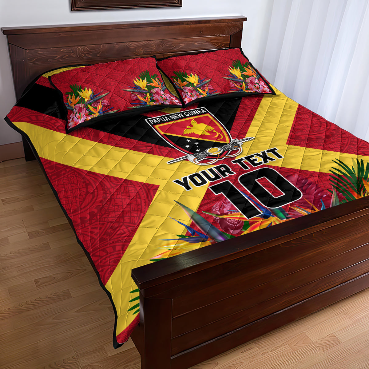 Custom Papua New Guinea Rugby Quilt Bed Set Bird of Paradise and Hibiscus Polynesian Pattern Red Color