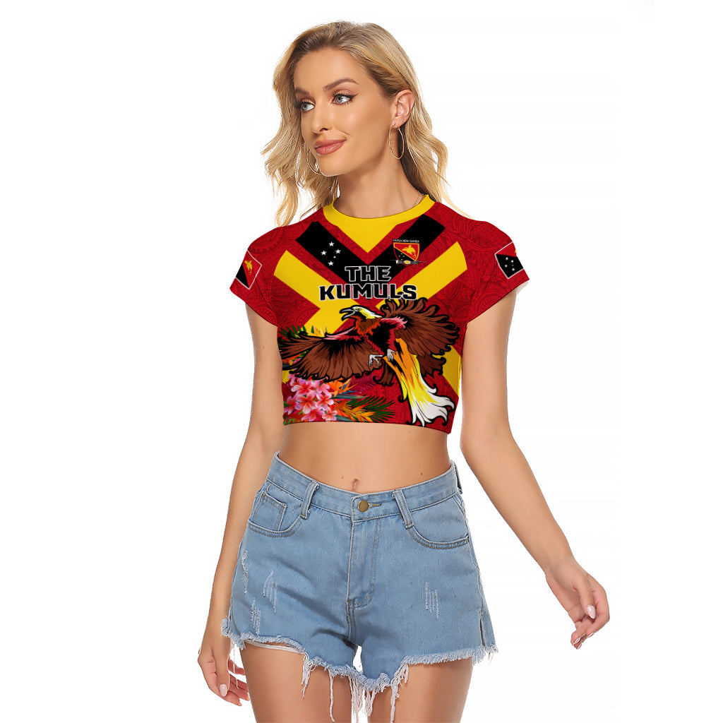 Custom Papua New Guinea Rugby Raglan Cropped T Shirt Bird of Paradise and Hibiscus Polynesian Pattern Red Color LT03