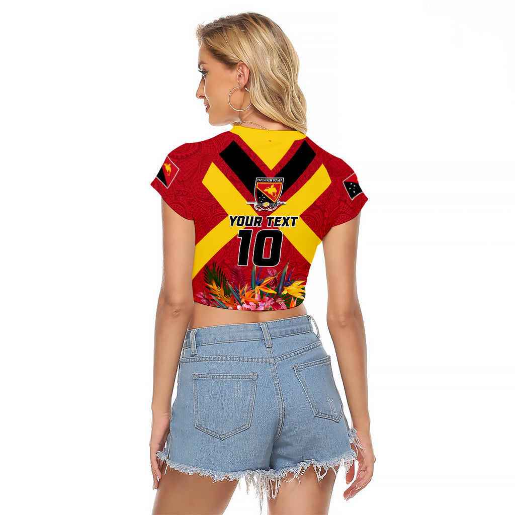 Custom Papua New Guinea Rugby Raglan Cropped T Shirt Bird of Paradise and Hibiscus Polynesian Pattern Red Color LT03