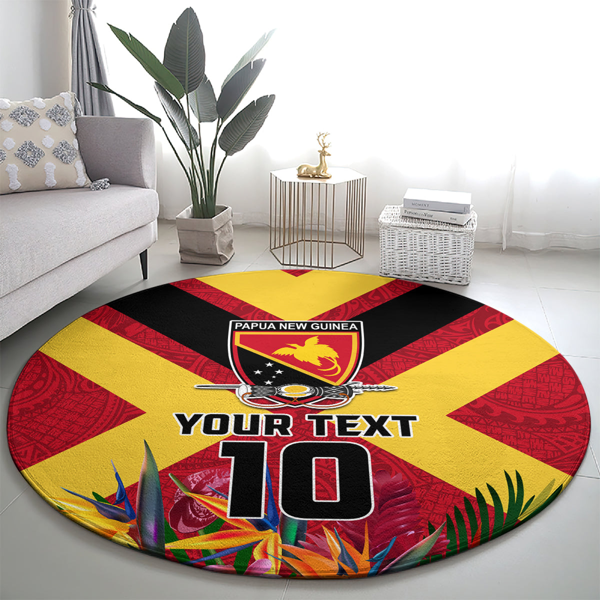 Custom Papua New Guinea Rugby Round Carpet Bird of Paradise and Hibiscus Polynesian Pattern Red Color