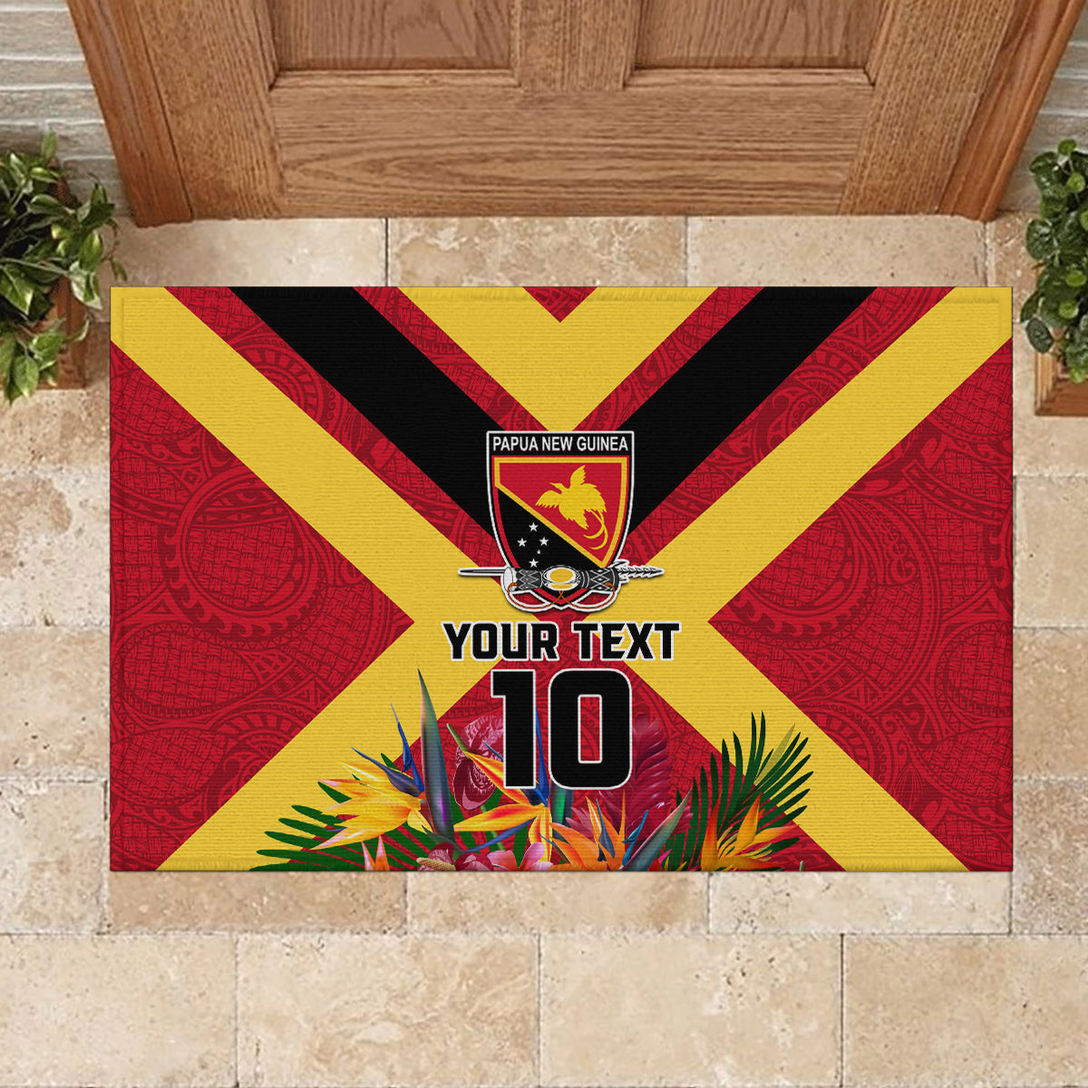 Custom Papua New Guinea Rugby Rubber Doormat Bird of Paradise and Hibiscus Polynesian Pattern Red Color