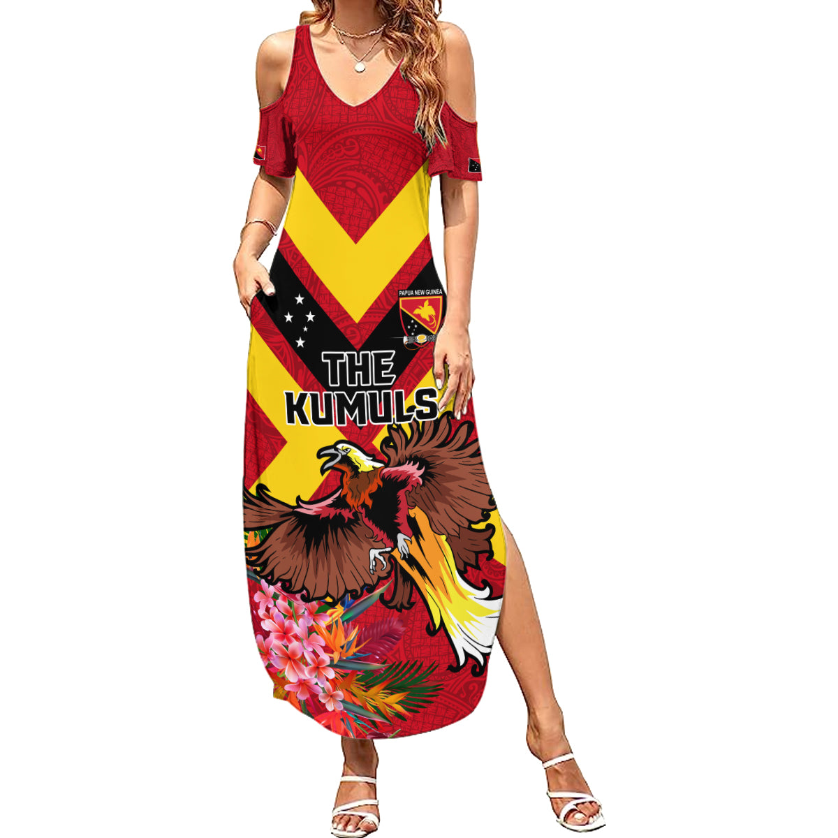 Custom Papua New Guinea Rugby Summer Maxi Dress Bird of Paradise and Hibiscus Polynesian Pattern Red Color LT03