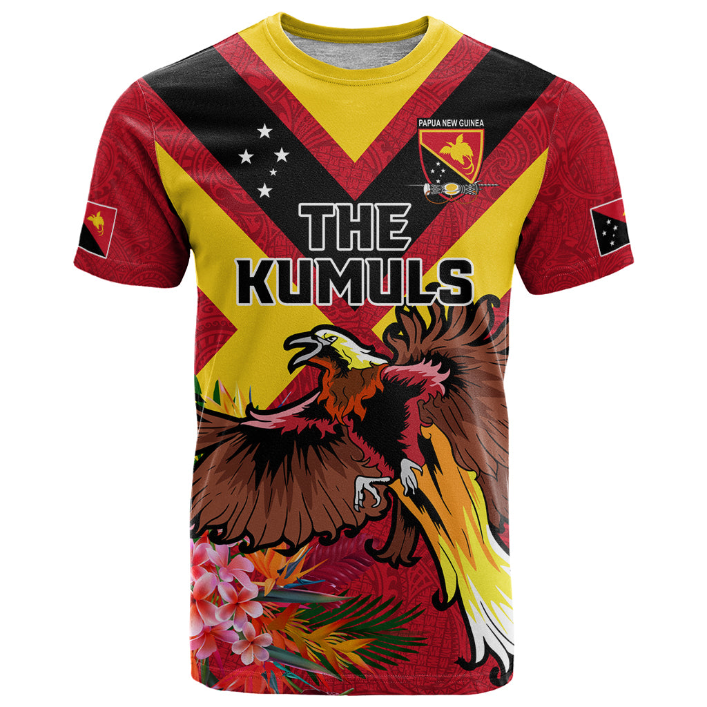 Custom Papua New Guinea Rugby T Shirt Bird of Paradise and Hibiscus Polynesian Pattern Red Color LT03