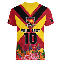 Custom Papua New Guinea Rugby Women V Neck T Shirt Bird of Paradise and Hibiscus Polynesian Pattern Red Color LT03