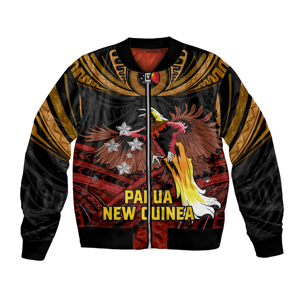 Papua New Guinea Bird-of-Paradise Bomber Jacket Coat of Arms and Tribal Patterns LT03 Unisex Black - Polynesian Pride
