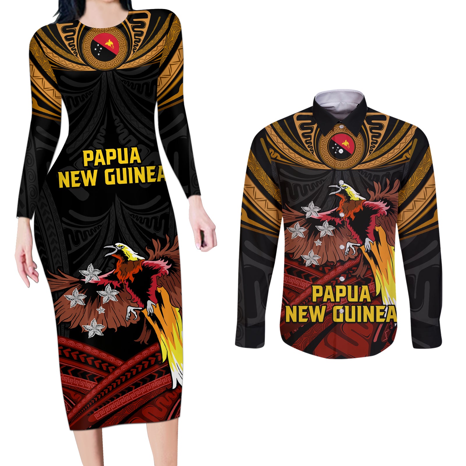 Papua New Guinea Bird-of-Paradise Couples Matching Long Sleeve Bodycon Dress and Long Sleeve Button Shirt Coat of Arms and Tribal Patterns LT03 Black - Polynesian Pride