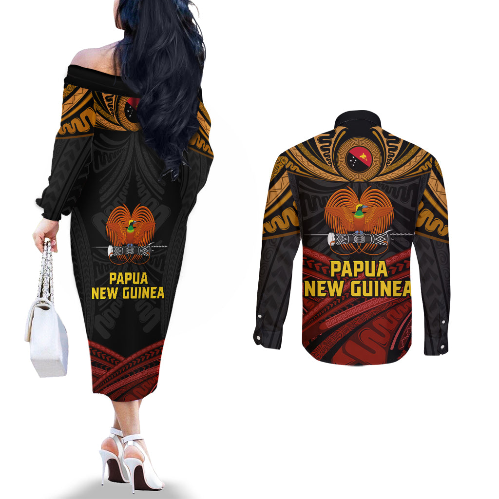 Papua New Guinea Bird-of-Paradise Couples Matching Off The Shoulder Long Sleeve Dress and Long Sleeve Button Shirt Coat of Arms and Tribal Patterns LT03 - Polynesian Pride