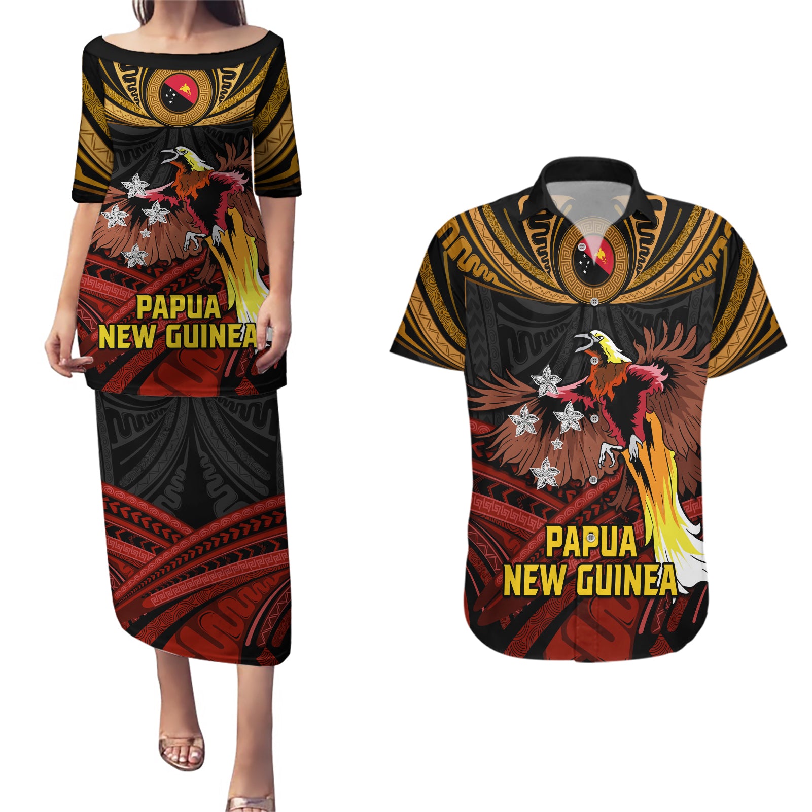 Papua New Guinea Bird-of-Paradise Couples Matching Puletasi and Hawaiian Shirt Coat of Arms and Tribal Patterns LT03 Black - Polynesian Pride