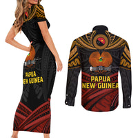Papua New Guinea Bird-of-Paradise Couples Matching Short Sleeve Bodycon Dress and Long Sleeve Button Shirt Coat of Arms and Tribal Patterns LT03 - Polynesian Pride
