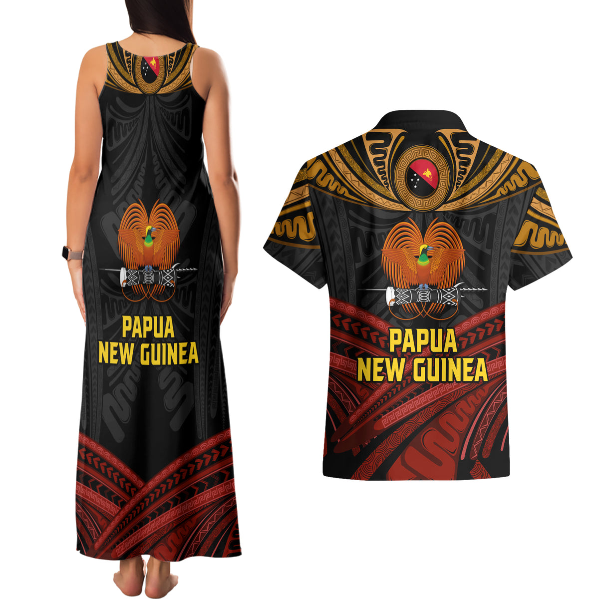 Papua New Guinea Bird-of-Paradise Couples Matching Tank Maxi Dress and Hawaiian Shirt Coat of Arms and Tribal Patterns LT03 - Polynesian Pride