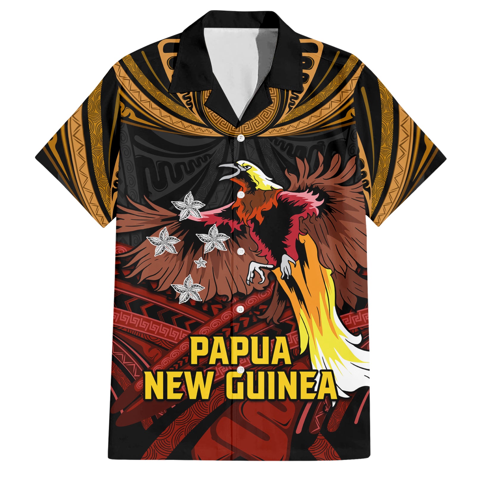 Papua New Guinea Bird-of-Paradise Hawaiian Shirt Coat of Arms and Tribal Patterns LT03 Black - Polynesian Pride