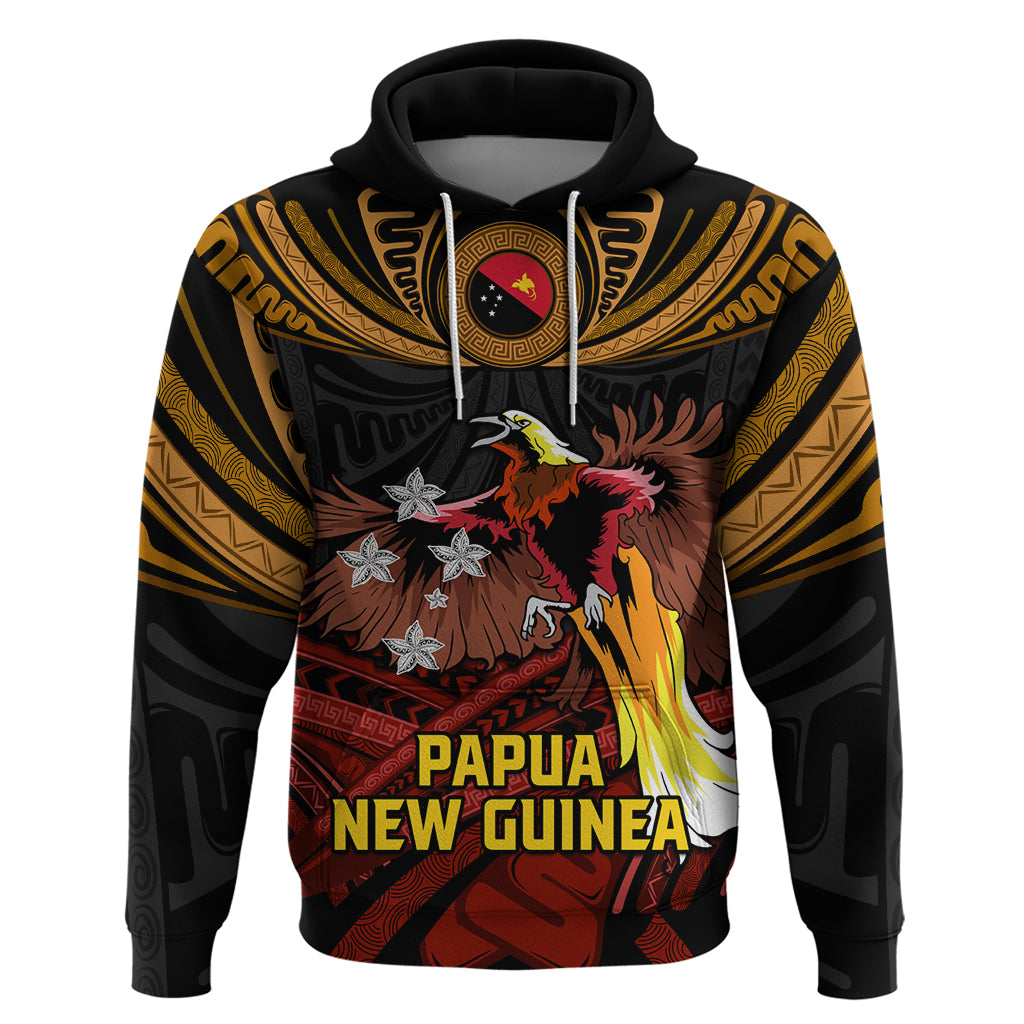 Papua New Guinea Bird-of-Paradise Hoodie Coat of Arms and Tribal Patterns LT03 Pullover Hoodie Black - Polynesian Pride