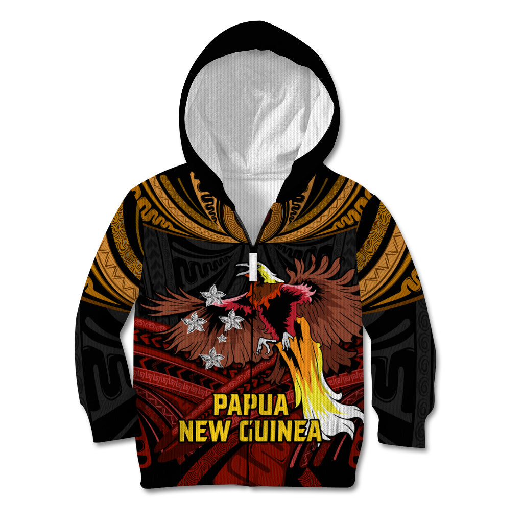 Papua New Guinea Bird-of-Paradise Kid Hoodie Coat of Arms and Tribal Patterns LT03 Zip Hoodie Black - Polynesian Pride
