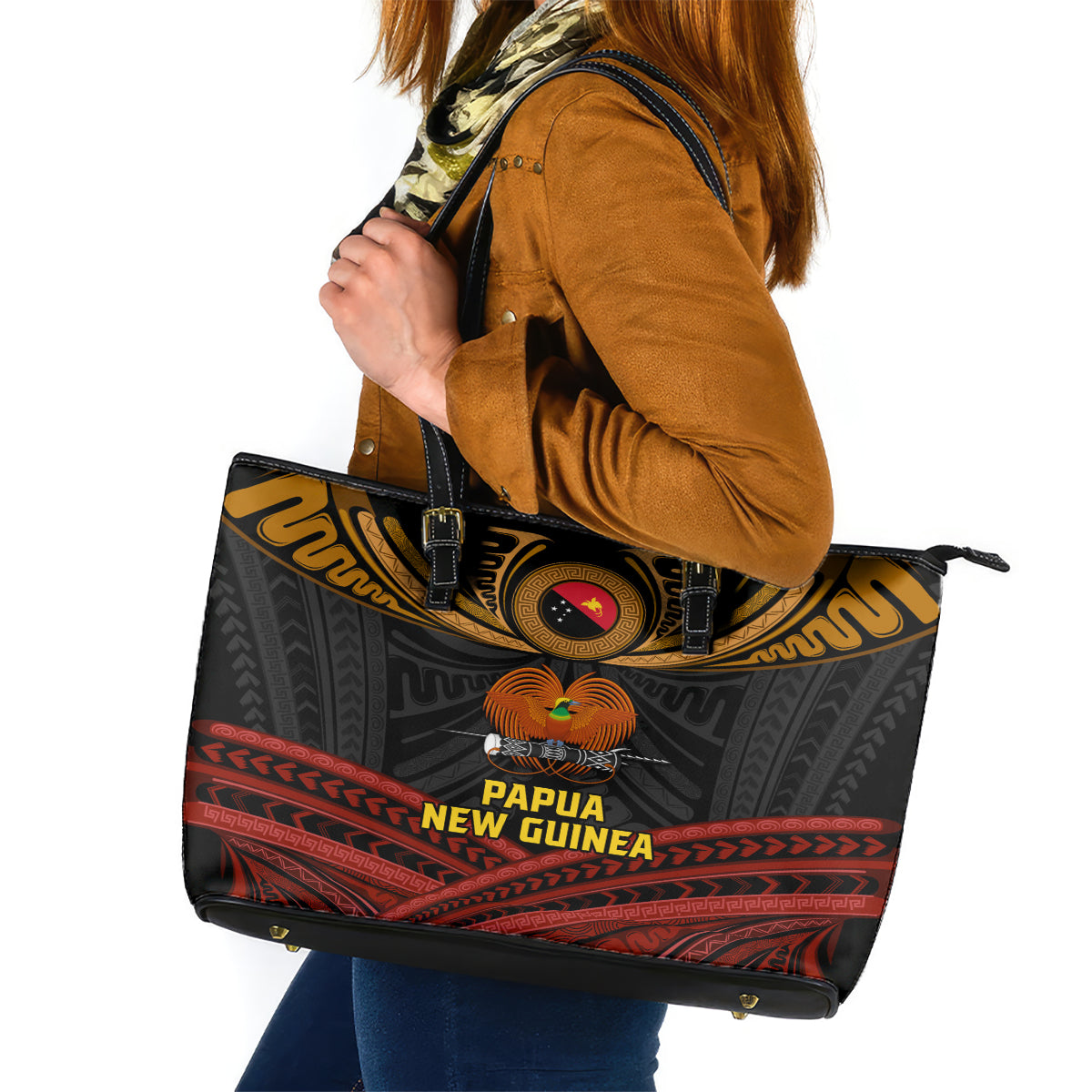 Papua New Guinea Bird-of-Paradise Leather Tote Bag Coat of Arms and Tribal Patterns